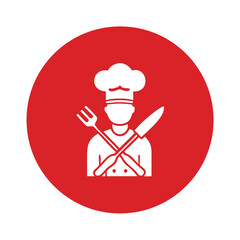 Chef Icon in Red Circle with Crossed Knife and Fork for Restaurant or Culinary Business