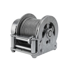 Steel winch with wire cable for industrial applications in gray   , isolate,  without background 