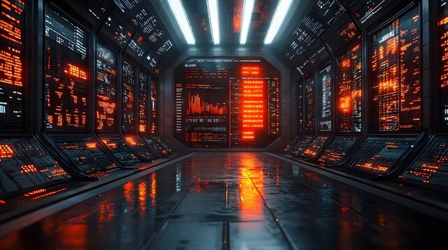 Futuristic finance data hub in a high tech corporate setting