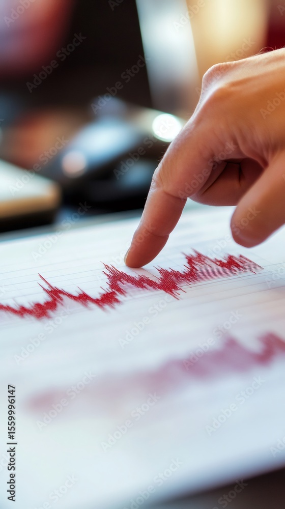 Poster Geologist analyzing seismic wave data on a printed seismogram, pointing at a peak in a research lab, studying earthquake patterns and their implications for earth science