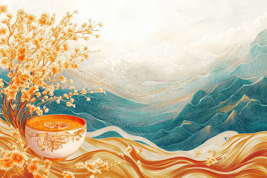 Serene Landscape with Floral Bowl. An artistic landscape with mountains, flowers, a decorative bowl, and warm colors, ideal for a World Sleep Day postcard. - Powered by Adobe