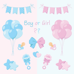Gender reveal props in blue and pink colours. Air balloons, flags garland, bow, stars, rattles, hearts, baby pacifiers and sign "Boy or Girl". Gender party. Baby shower vector illustration. Stickers.