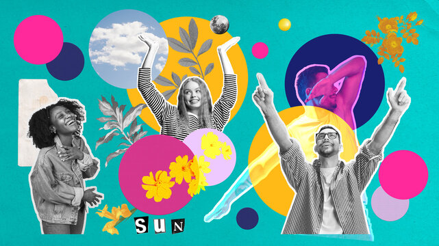 A conceptual composition featuring happy diverse people, cosmic elements, florals, and abstract circles. Concept of creative art and culture projects