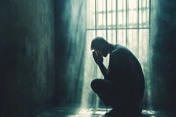 Man Praying To God In Prison Of Jail For Mercy, Inside a jail cell, a man bows his head in prayer, seeking divine mercy and forgiveness