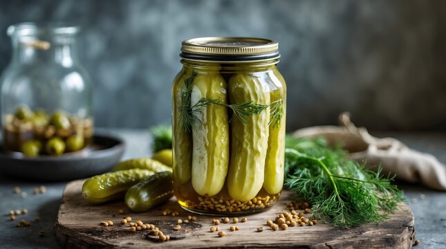 A Jar of Pickled Cucumbers on a Table, Containing Dill, Coriander, and Spices, with Fresh Dill Sprigs and Small Bowls of Seeds Nearby