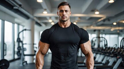 Naklejka premium A Muscular Person in a Tight Black T-Shirt Standing in a Gym, Showing Defined Muscles in the Arms, Shoulders, and Chest with Gym Equipment in the Background