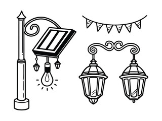 Black Street Lamp and Banner Icon Set
