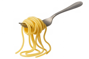 Fork twirling delicious long spaghetti with transparent background