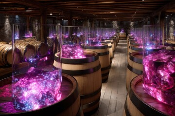 Unique wine cellar with glowing barrels and vibrant crystal accents in wood architecture