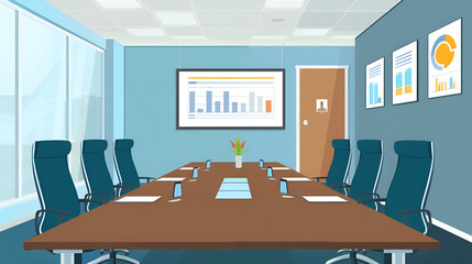 Modern conference room with large table, swivel chairs, and screen showing business charts suggests collaboration