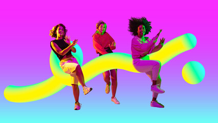 Soul mechanics. Colorful 3D gradient dancers pose with abstract shapes on a vibrant gradient background. Concept of motion meets design, dynamic dancers intertwined with graphic shapes and neon flows.
