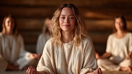 A tranquil image of a serene woman meditating peacefully, surrounded by nature, capturing a moment of introspection, mindfulness, and connection with the environment.