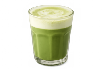 Glass of iced matcha latte with milk foam on transparent background