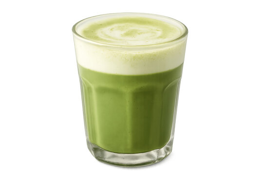 Glass of iced matcha latte with milk foam on transparent background