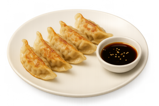 Four fried gyoza dumplings served on a white plate with soy sauce and sesame seeds on transparent background