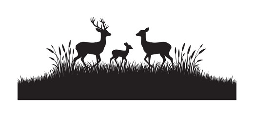 Deer Family Silhouette in Grass, Black and White Wildlife Illustration with Antlered Buck and Fawns