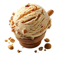 Peanut butter ice cream scoop with nuts in a cone isolated on transparent background