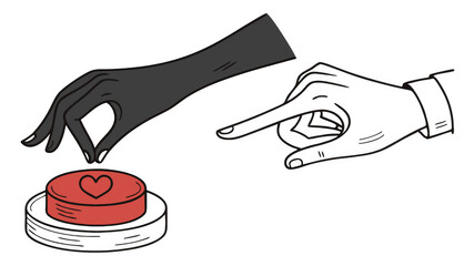 Two hands interacting with a red button featuring a heart, suggesting love, connection, or a romantic gesture in an illustrative style, transparent background
