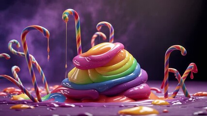 On start sliding rainbow slime mound shifting on tabletop, oozing rainbow drips from candy canes - Powered by Adobe