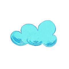 A blue fluffy cloud on a white background. Watercolor illustration in cartoon style. The children cloud. Suitable for children books, weather themed projects, fantasy backgrounds, postcards.