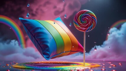Opening rainbow pillow turning above pool under rainbow arch, droplets falling and lollipop shining - Powered by Adobe