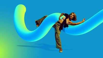 A dancer engages dynamically with a vibrant 3D gradient wave set against a bright blue backdrop....