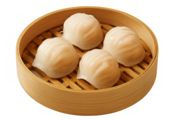 Har gow steamed dumplings resting in bamboo steamer basket with transparent background