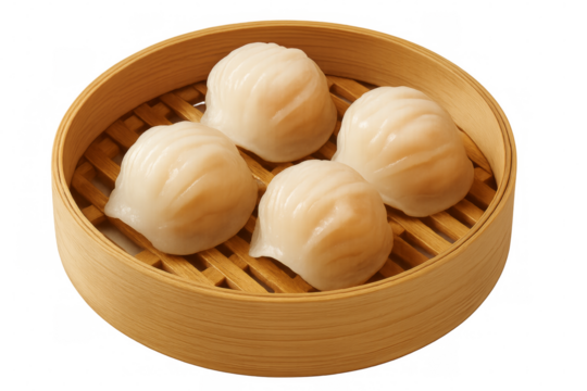 Har gow steamed dumplings resting in bamboo steamer basket with transparent background - Powered by Adobe