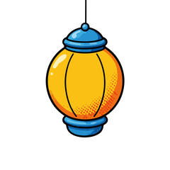 Fototapeta premium Hanging lantern, a round paper lantern with blue cap and base on white background. Colorful lantern shines with warm light. Decorative lantern, ideal for vector art and graphic design projects.
