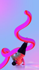 Male break-dancer skillfully balances under a vibrant pink 3D gradient swirl set against a soft...
