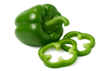 Fresh green bell pepper with slices on transparent background