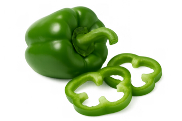 Fresh green bell pepper with slices on transparent background