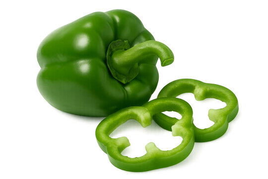 Fresh green bell pepper with slices on transparent background