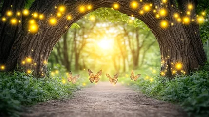 Keuken achterwand Bosweg Enchanted pathway through a fairy-tale forest with glowing lights and butterflies, a magical  © ngati