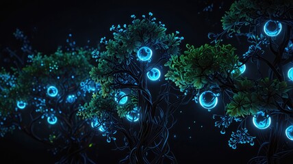 Obraz premium Trees illuminated with glowing blue orbs in a dark, dreamlike forest setting.
