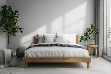 Modern bed mockup with minimalist design in bright interior space, Minimalist bed mockup set in a bright interior, showcasing a modern design aesthetic