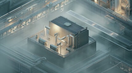 Aerial view of industrial complex with pipes and structures covered in a layer of fog or mist