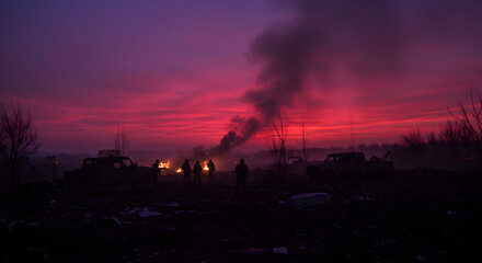 Naklejka premium Crimson Conflict: Soldiers Silhouetted Against a Burning Sky