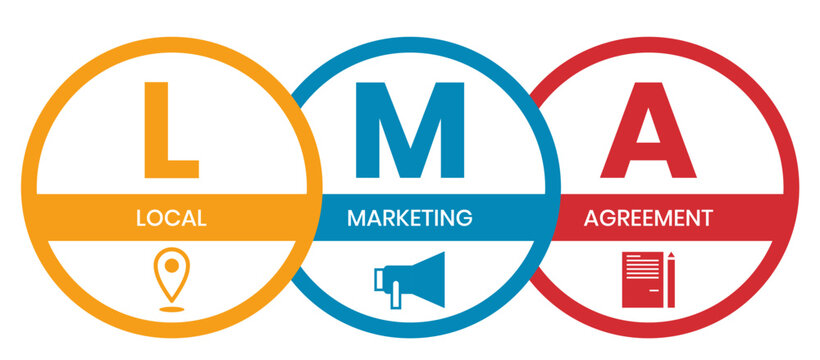 LMA - Local Marketing Agreement acronym, business concept. word lettering typography design illustration with line icons and ornaments. Internet web site promotion concept vector layout