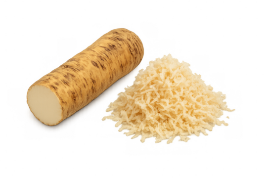 Whole and grated horseradish root on transparent background