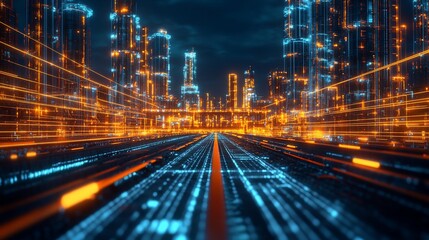 Futuristic city skyline with neon lights and data stream concept