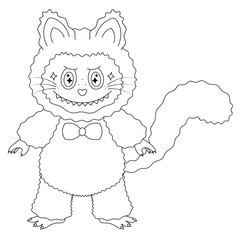 Cat with a bow tie. Cute toothy kitten with a heart-shaped nose. Sketch. Vector illustration. Outline on an isolated white background. Doodle style. Fluffy baby with glitter in his eyes. Coloring book