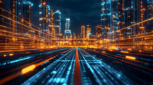 Futuristic city skyline with neon lights and data stream concept