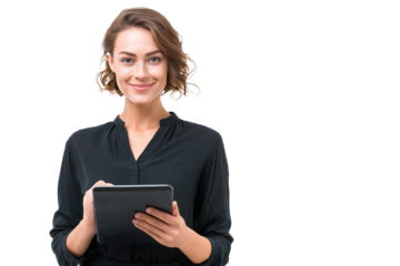 Beautiful woman with a tablet smiles cheerfully against a transparent backdrop, ideal for technology or business concepts, transparent background