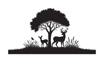 Deer Family Silhouette in Grass, Black and White Wildlife Illustration with Antlered Buck and Fawns