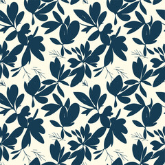 Modern minimalist seamless pattern featuring stylized dark blue leaves & botanical elements on a light beige background. Perfect for contemporary textile designs, digital papers