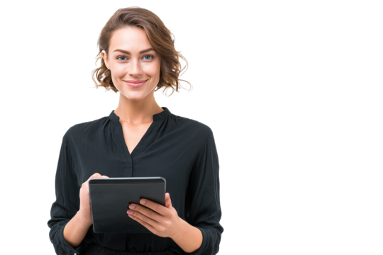 Beautiful woman with a tablet smiles cheerfully against a transparent backdrop, ideal for technology or business concepts, transparent background