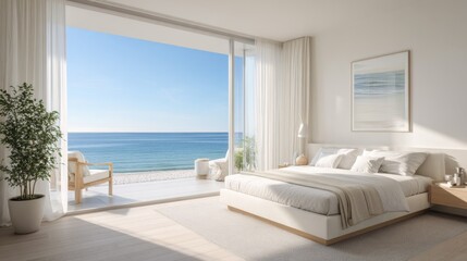 Fototapeta premium Bedroom with floor-to-ceiling windows, airy curtains, and minimal dcor