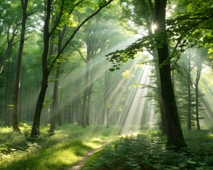 Obraz premium morning in the forest, beautiful rays of sunlight in a green forest