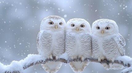A trio of snowy owls huddled together on a snowy tree branch